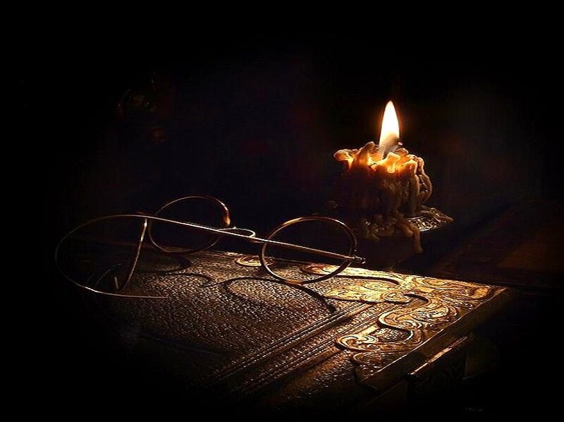 candlelit study scene