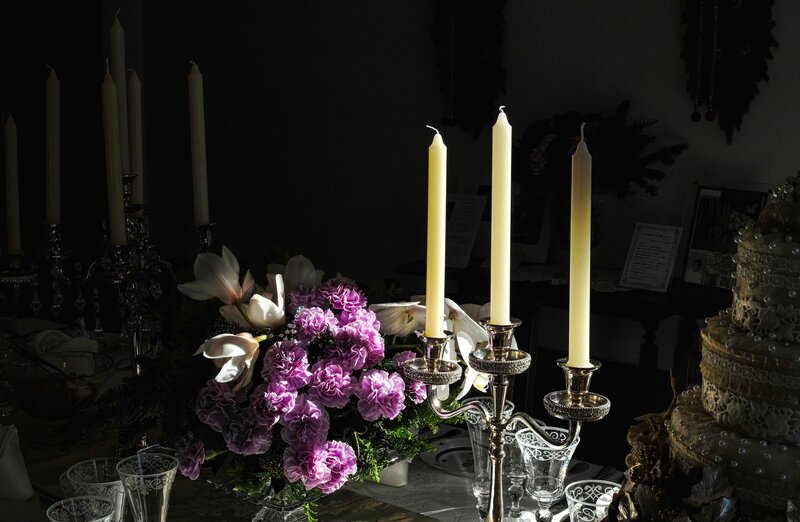 Candles and Flowers on Table — Purple, Dramatic