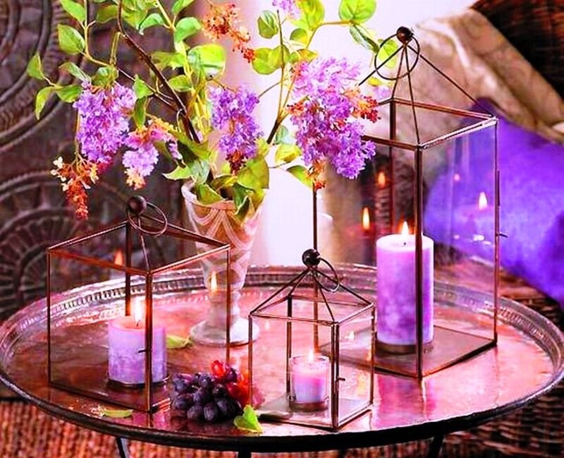 Candles and Flowers on Table — Purple