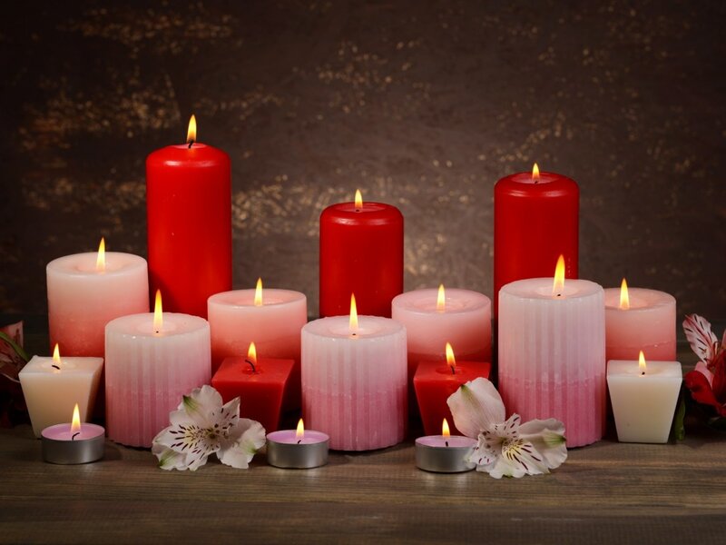 Candles and Flowers on Table — Red
