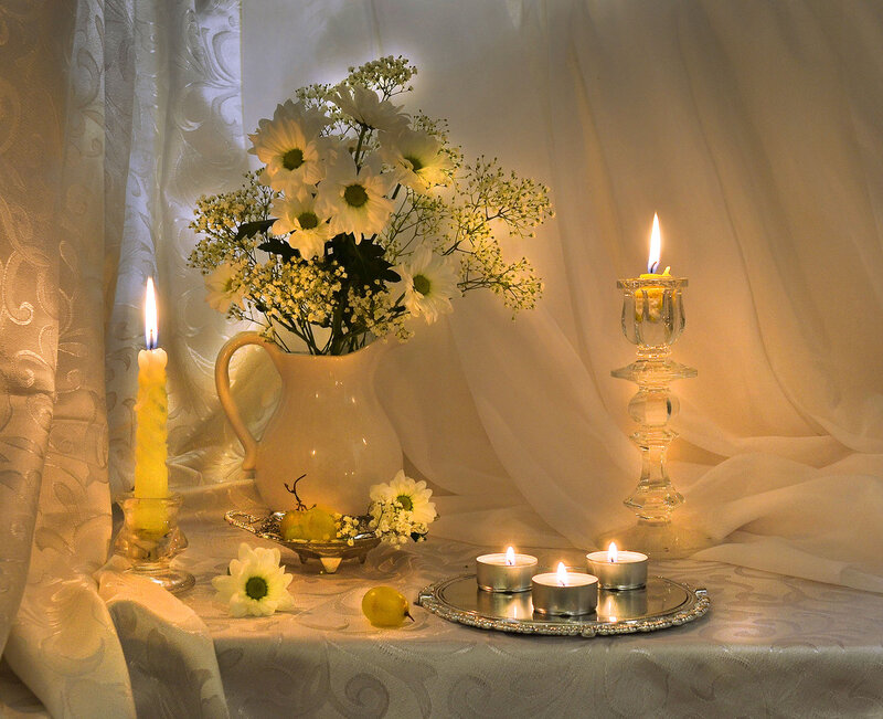 Candles and Flowers on Table — White, Serene