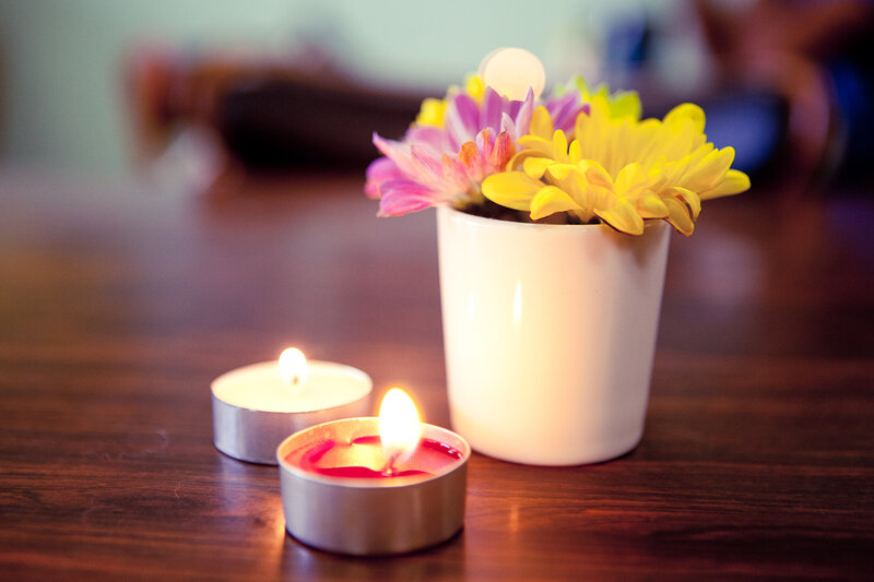Candles and Flowers on Table — Yellow, Calm