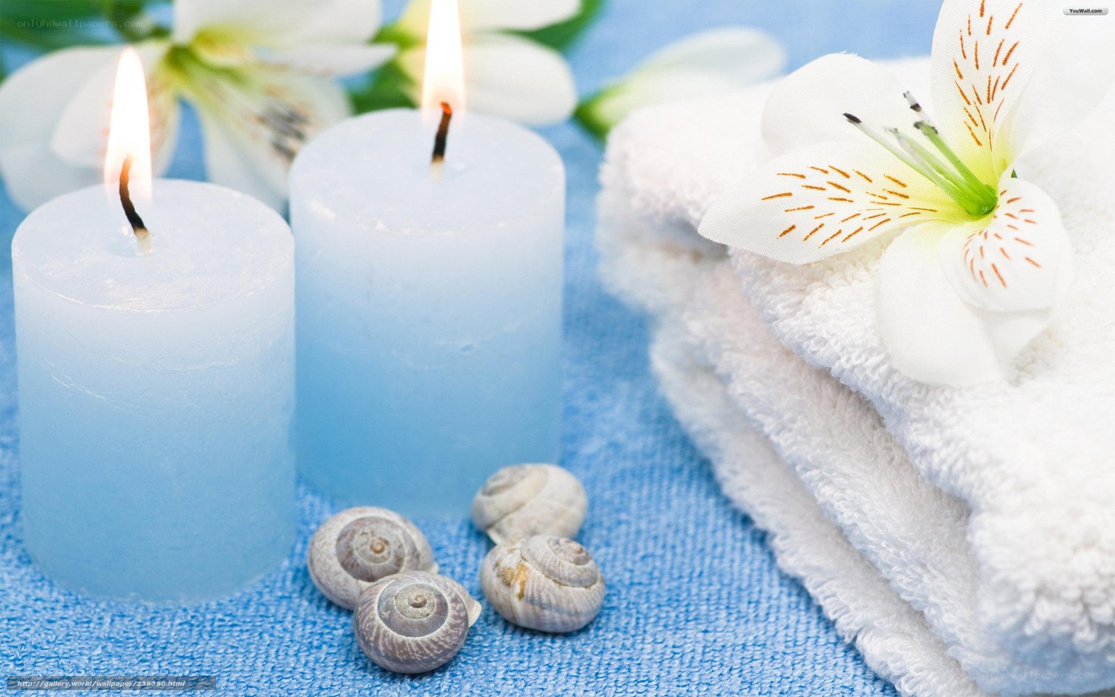 Candles and flowers on towels