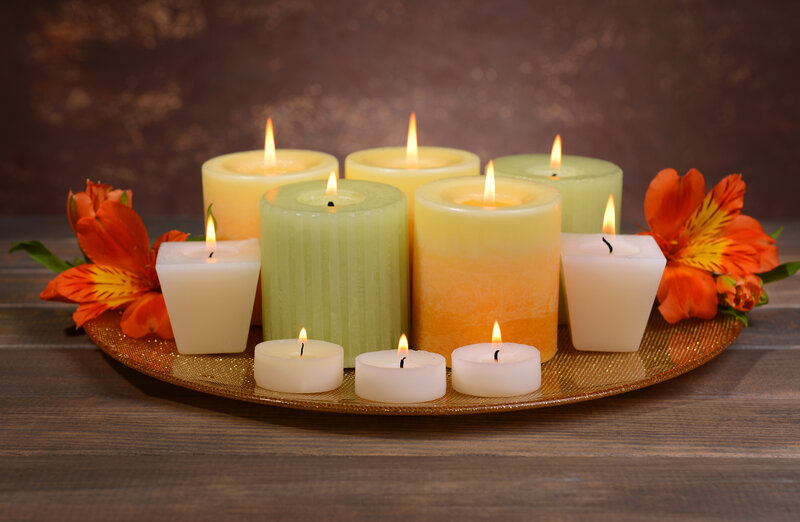 Candles and Flowers on Tray — Orange