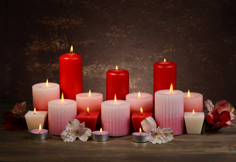 Candles and Flowers on Wood — Red