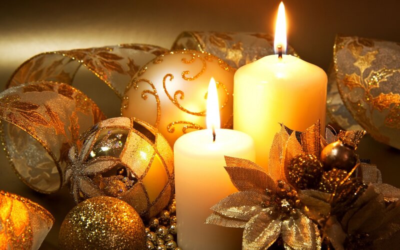 candles and holiday ornaments