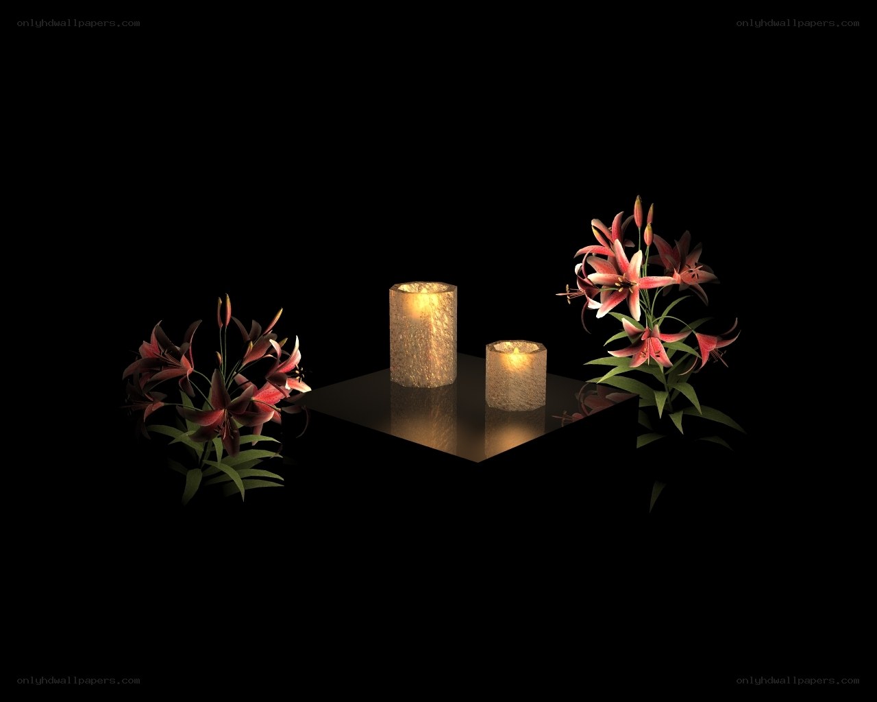 Candles and lilies on black