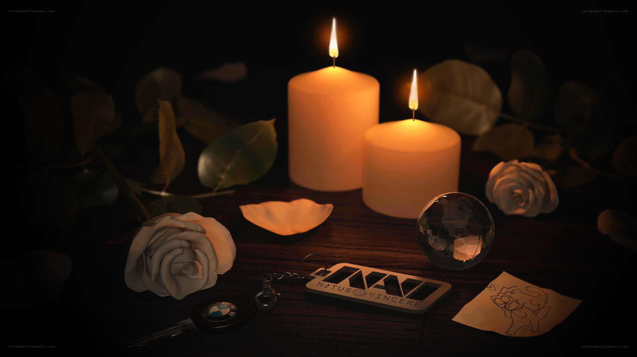 Candles and mementos on wood