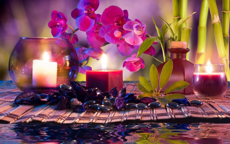 Candles and Orchids on Mat — Purple, Serene