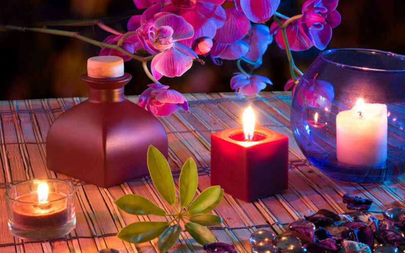 Candles and Orchids on Mat — Purple