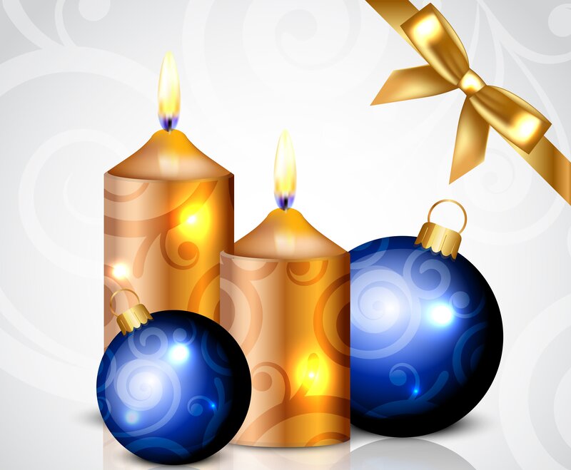 Candles and Ornaments — Blue, Festive, Digital Art