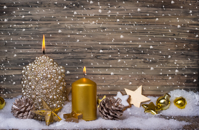 Candles and Ornaments in Snow — Gold