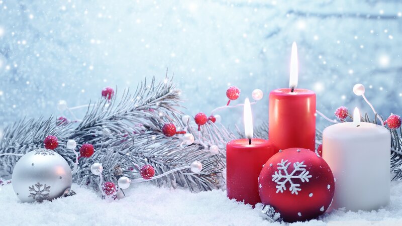 Candles and Ornaments in Snow — Red, Festive
