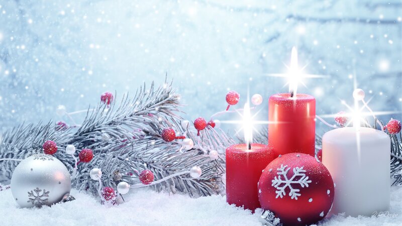 Candles and Ornaments in Snow — Red