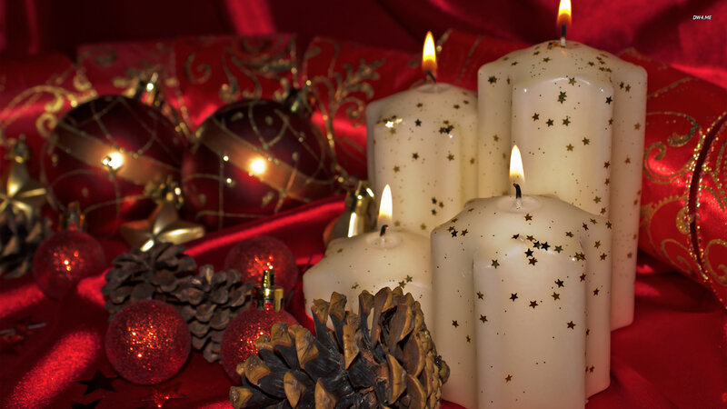 Candles and Ornaments — Red, Festive, Night, Photograph, Pinecones, Fabric