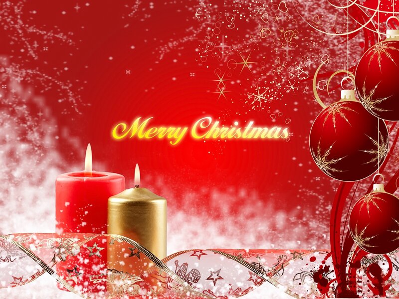 Candles and Ornaments — Red, Festive, Winter, Digital Art, Ribbon