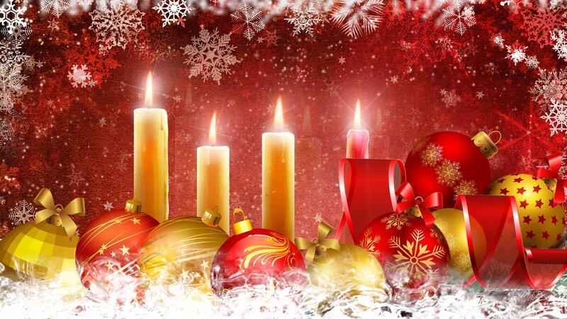 Candles and Ornaments — Red, Festive, Winter, Digital Art