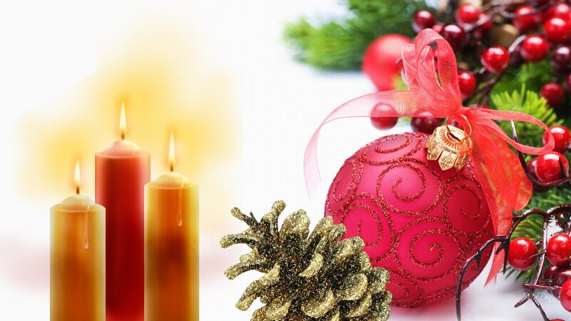 Candles and Ornaments — Red, Festive, Winter, Photograph, Pinecone