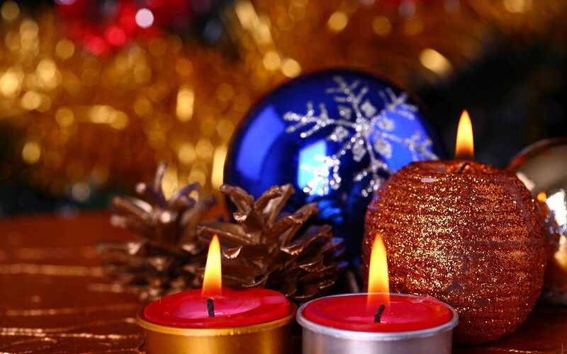 Candles and Ornaments — Red, Festive, Winter, Photograph, Pinecones