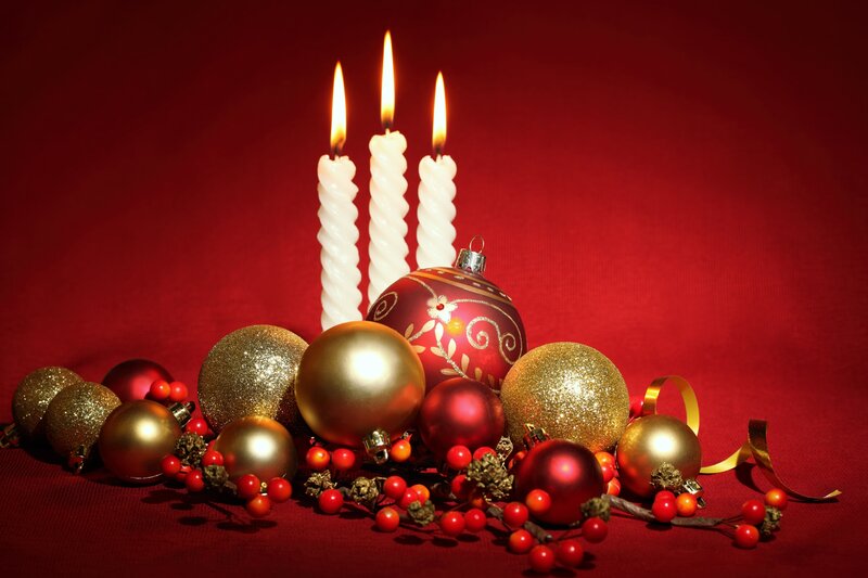 Candles and Ornaments — Red, Festive, Winter, Photograph