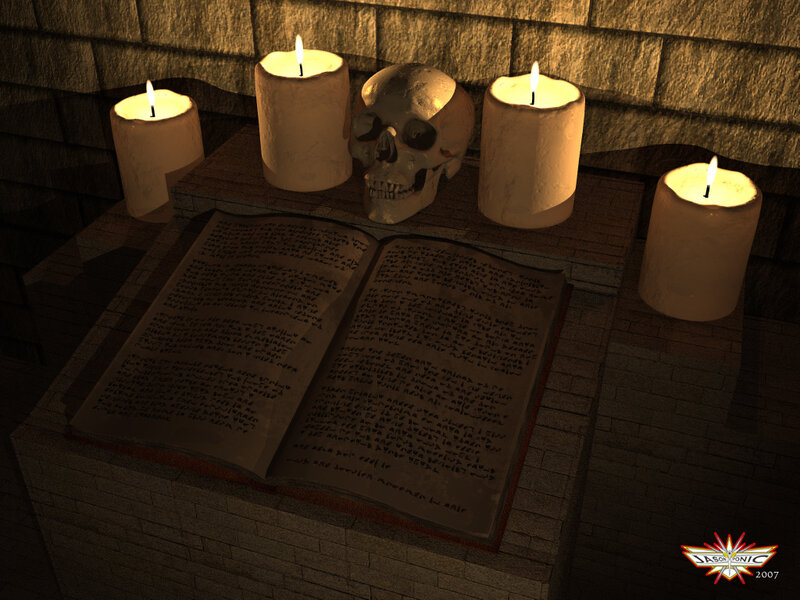 Candles and skull on open book