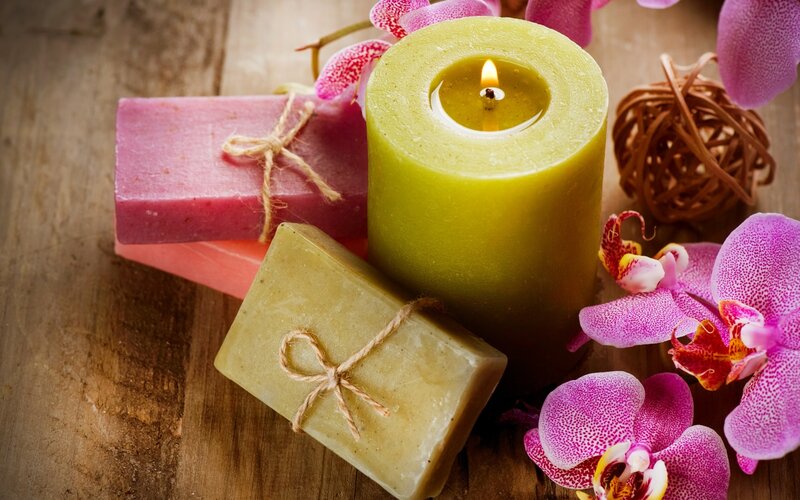 Candles and Soaps on Wood