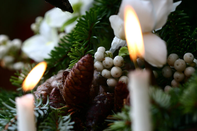 Candles in Evergreen Arrangement