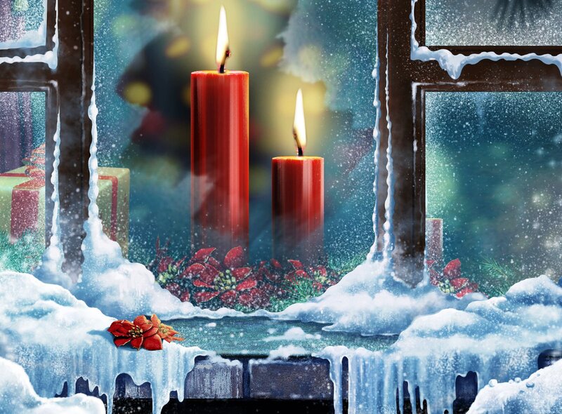 Candles in Snowy Window — Red, Cozy