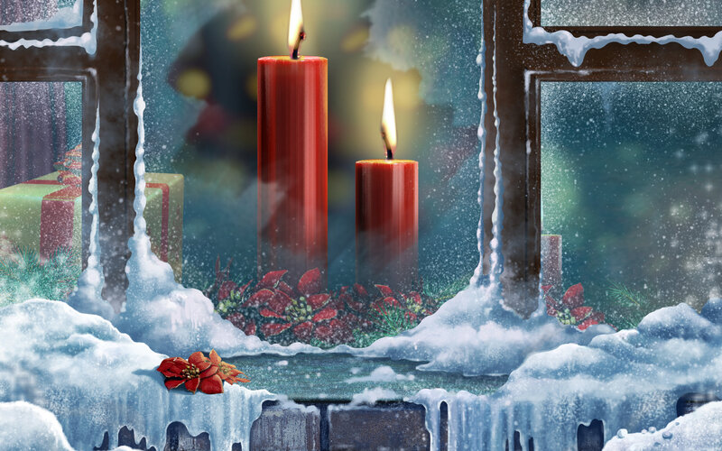 Candles in Snowy Window — Red, Cozy, Winter