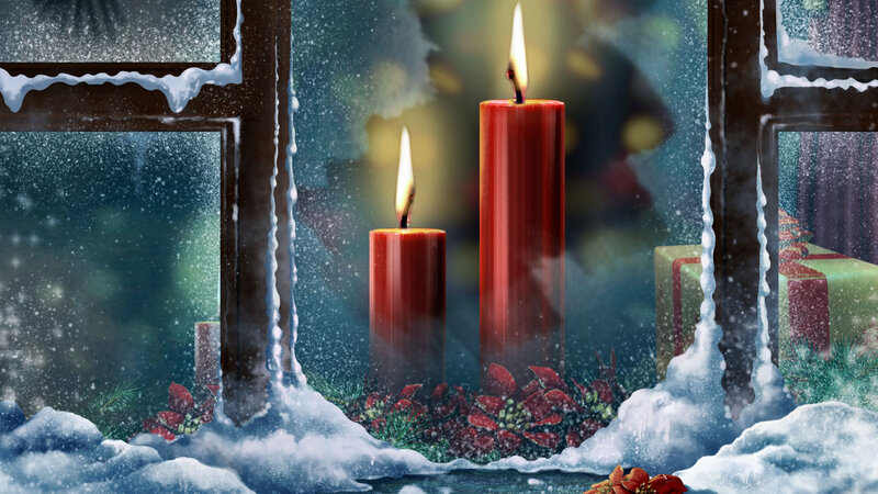 Candles in Snowy Window — Red, Festive, Winter, Digital Art