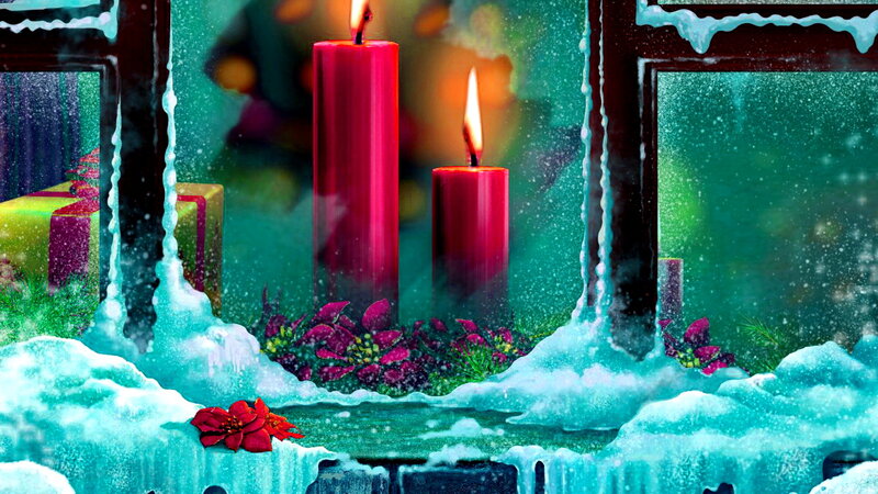 Candles in Snowy Window — Red, Festive, Winter