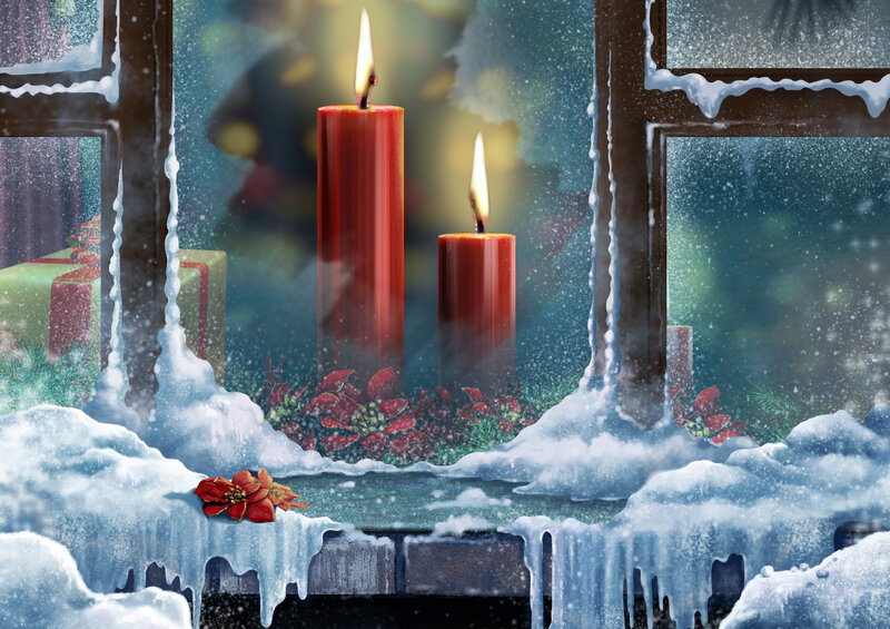 Candles in Snowy Window — Red