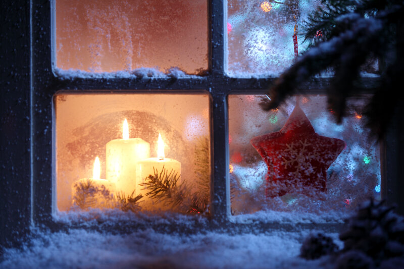 Candles in Snowy Window — White, Cozy