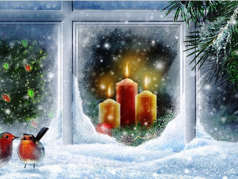 Candles in Snowy Window — White, Peaceful