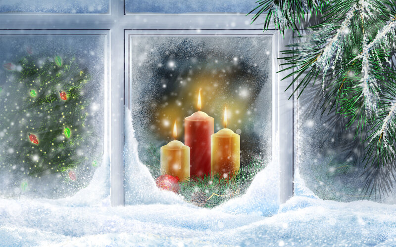 Candles in Snowy Window — White, Peaceful, Winter