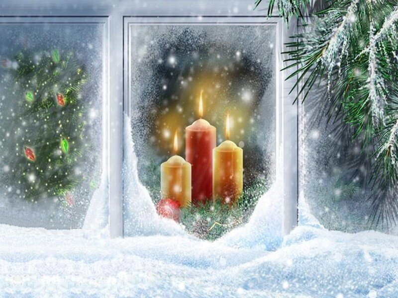 Candles in Snowy Window — White