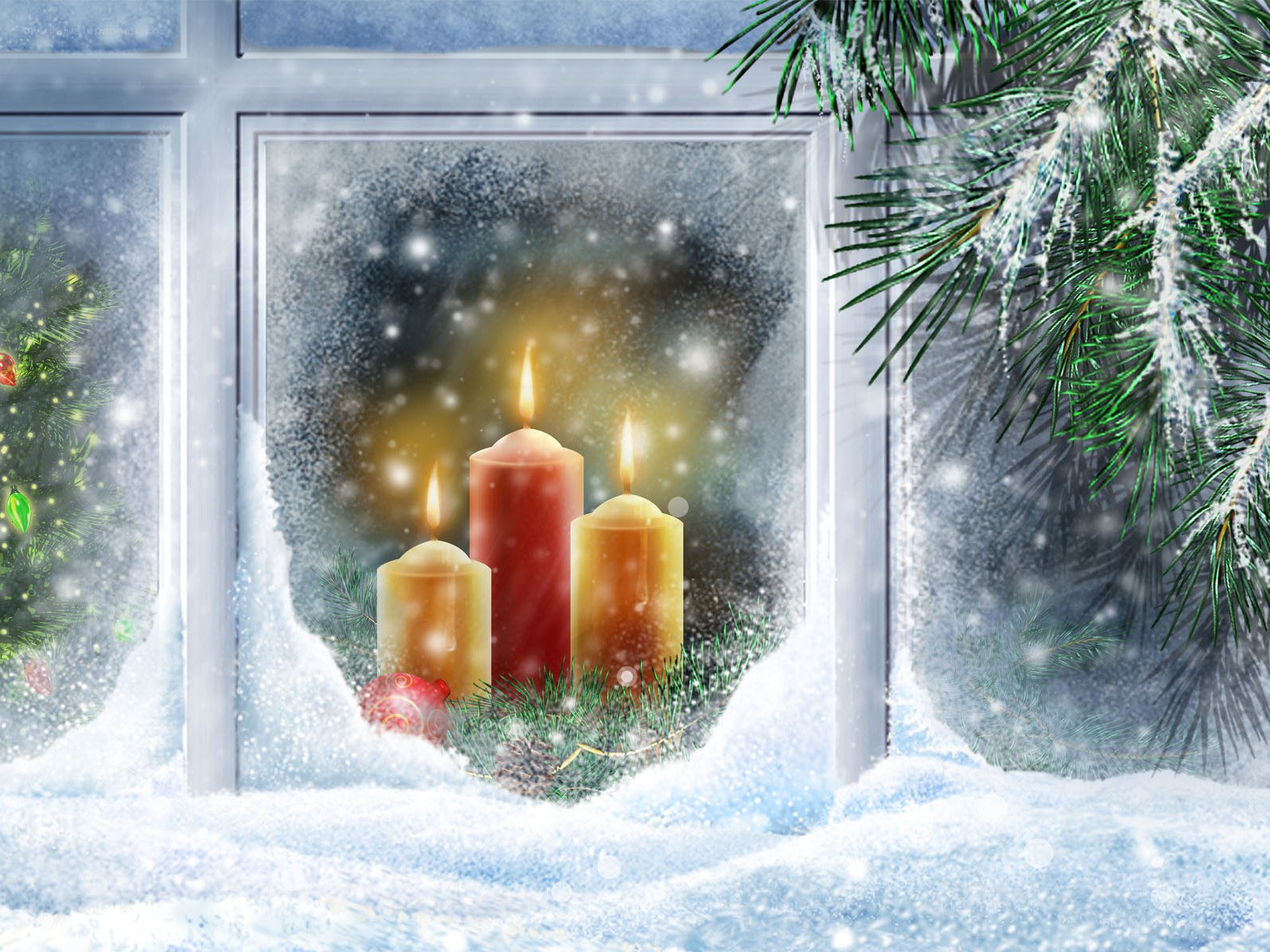 Candles in snowy window