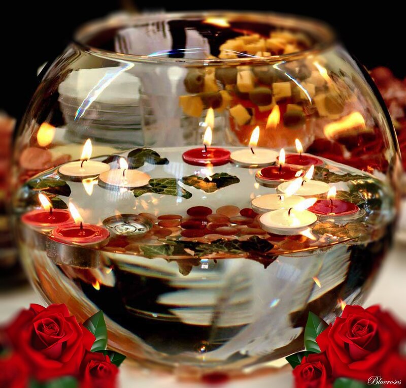 Candles in Water Bowl — Red