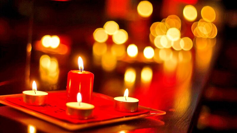Candles on Red Tray — Warm