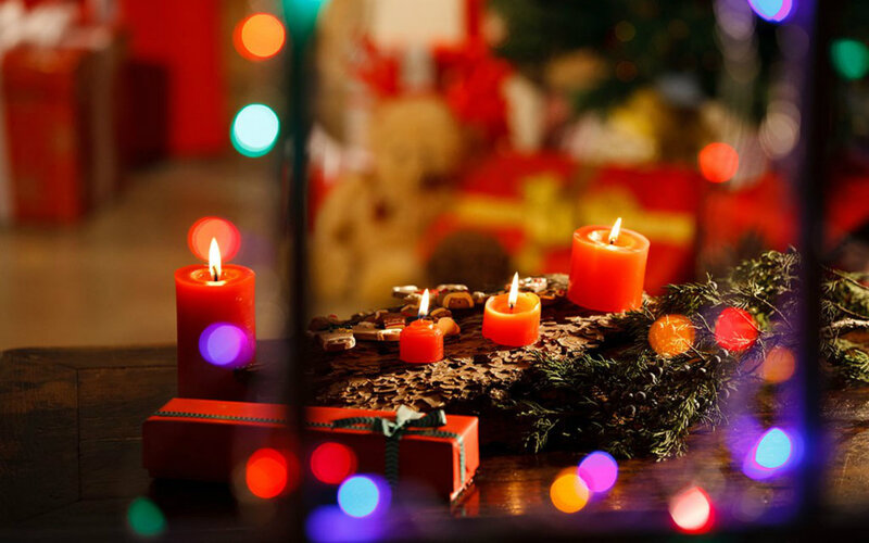Candles on Wooden Surface — Red