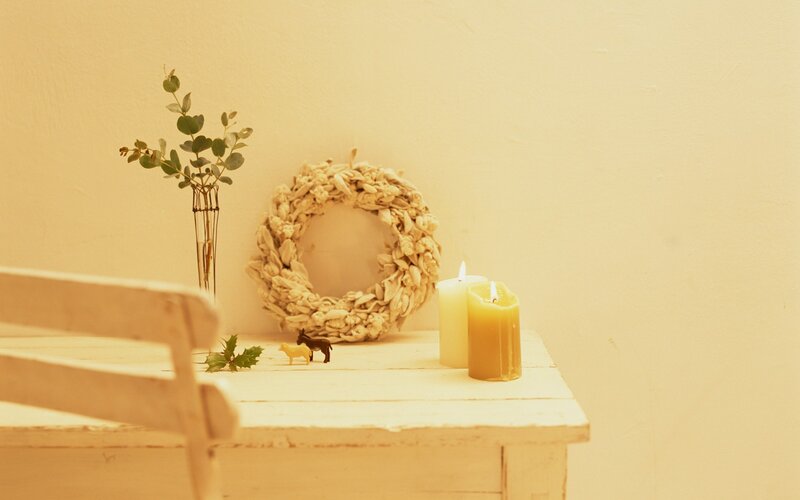 Candles on Wooden Table — Beige