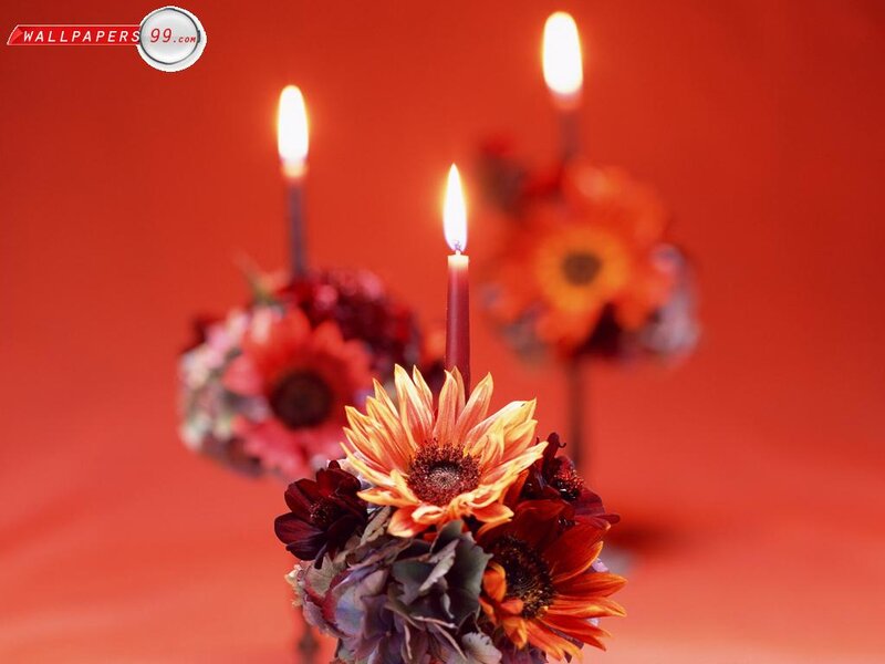 Candles with Flowers — Red, Warm, Photograph, Flame