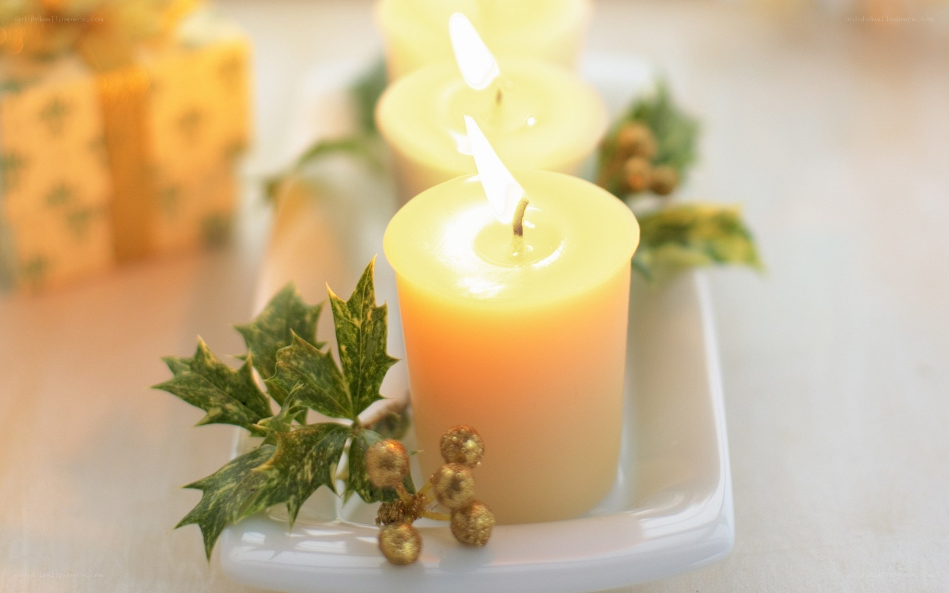 Candles with holly leaves