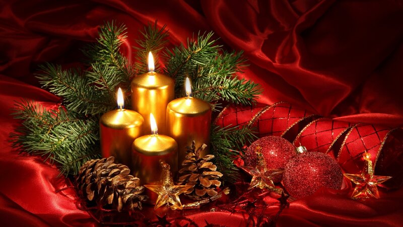 Candles with Pine Branches — Red, Festive