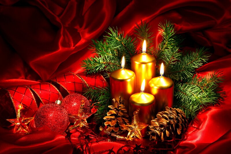 Candles with Pine Branches — Red, Festive, Winter, Photograph