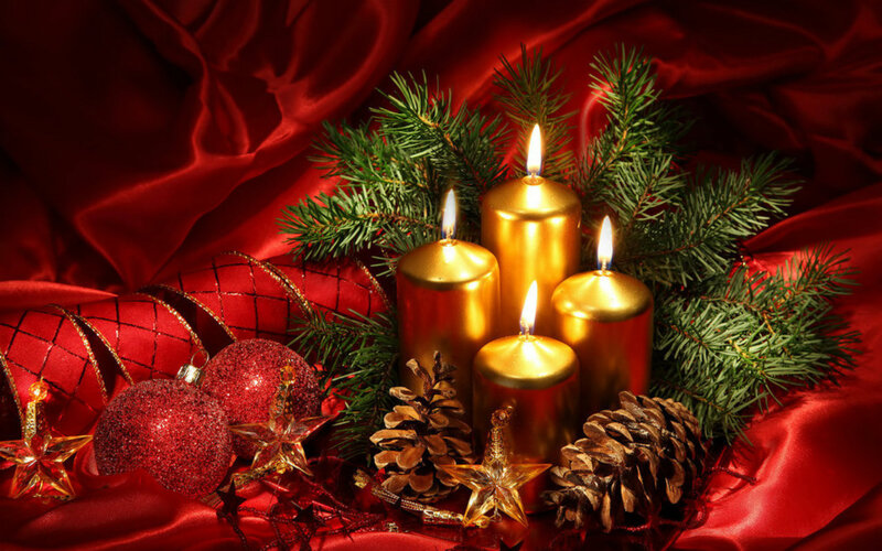 Candles with Pine Branches — Red, Festive, Winter