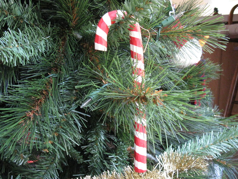 Candy cane ornament on tree