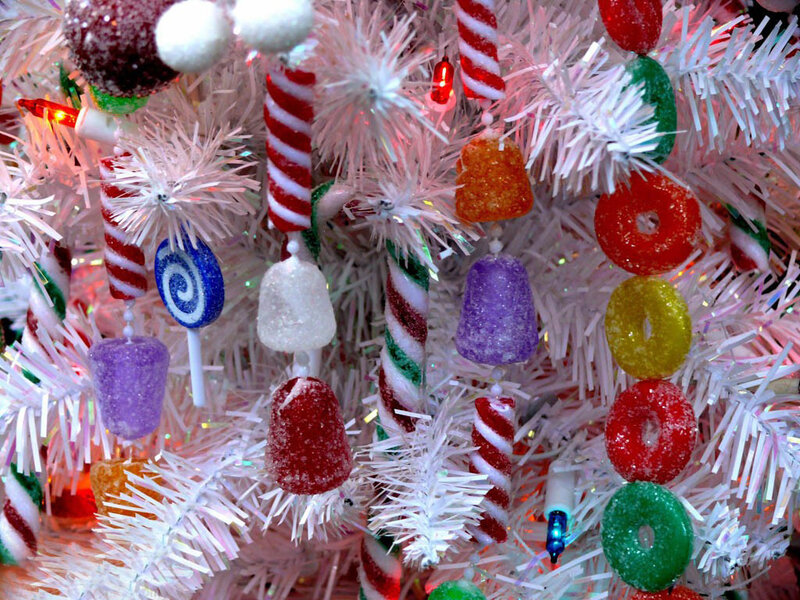candy-decorated white Christmas tree