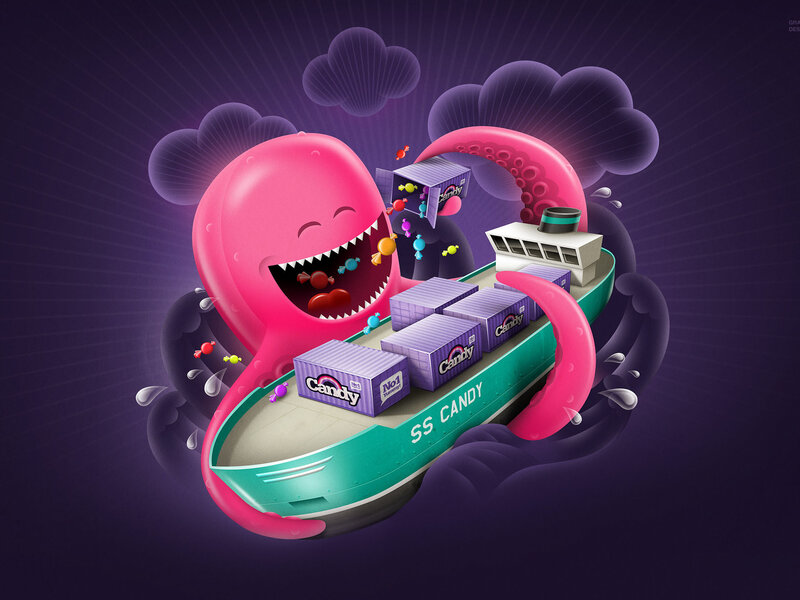 Candy ship with pink monster