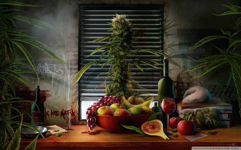 Cannabis Plant on Table — Green, Dramatic, Digital Art